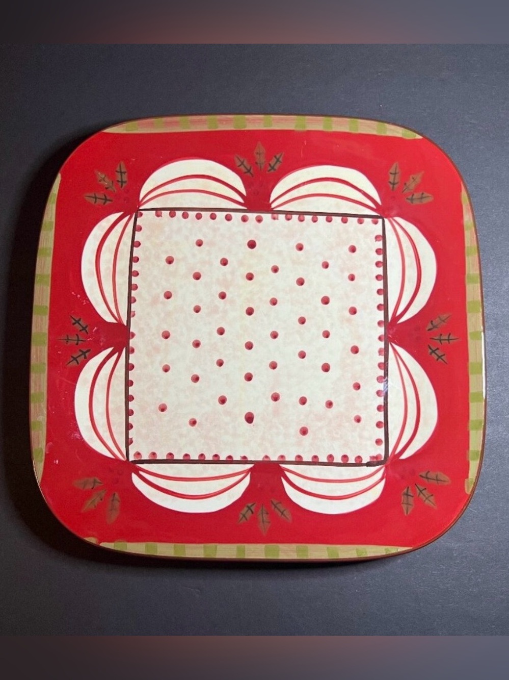 VTG ND Christmas Theme Hand Painted Red Multicolor Ceramic Square Dish Plate 10"